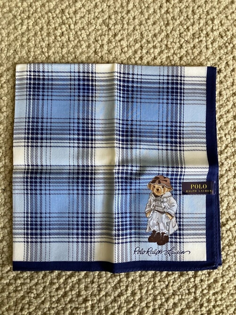 New Polo Ralph Lauren Bear Cotton Handkerchief Scarf Pocket Square Blue Plaid